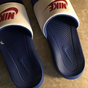 Men’s red white and blue men’s 11 slides
